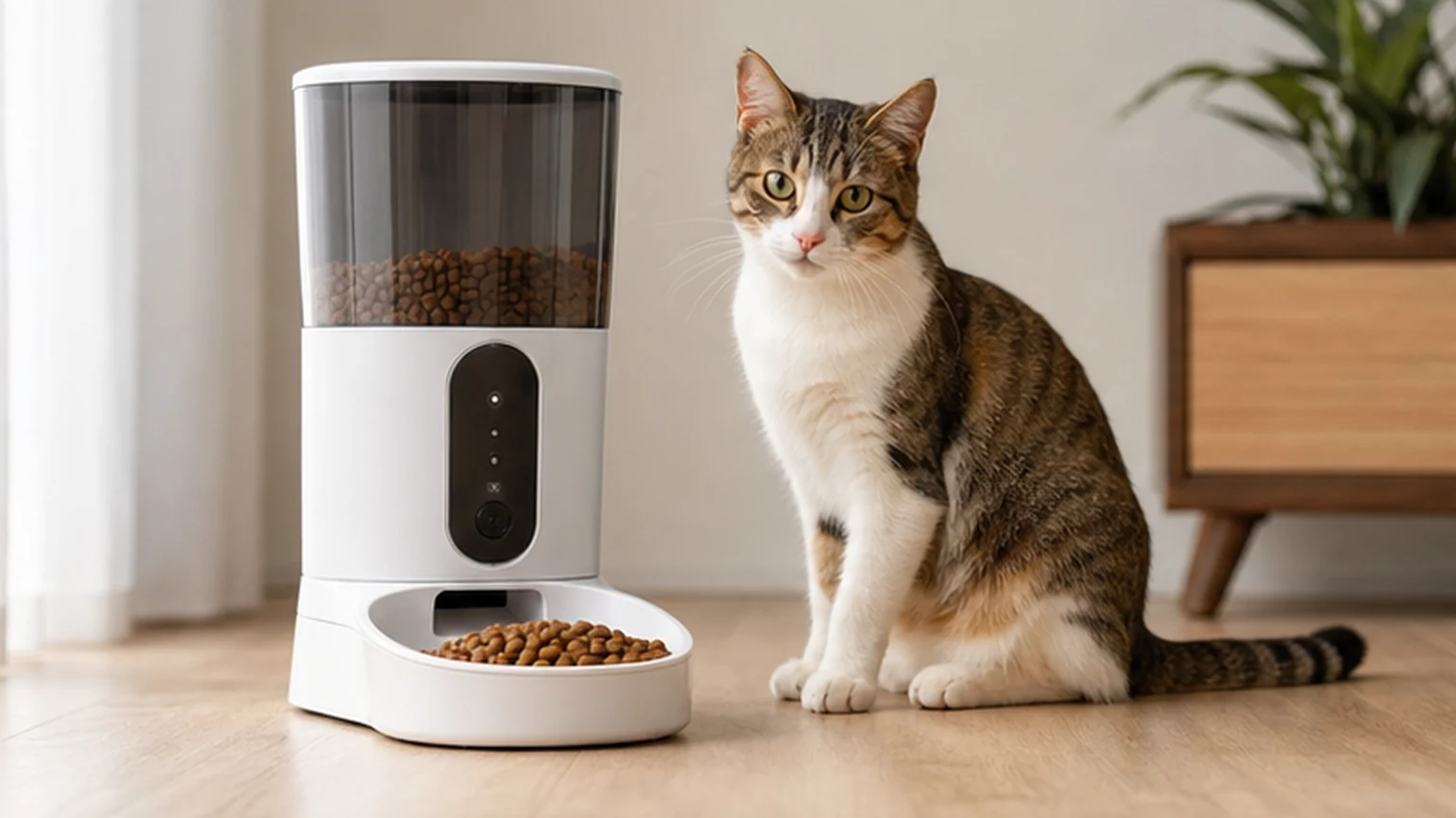 A cat beside an automatic feeder and food bowl