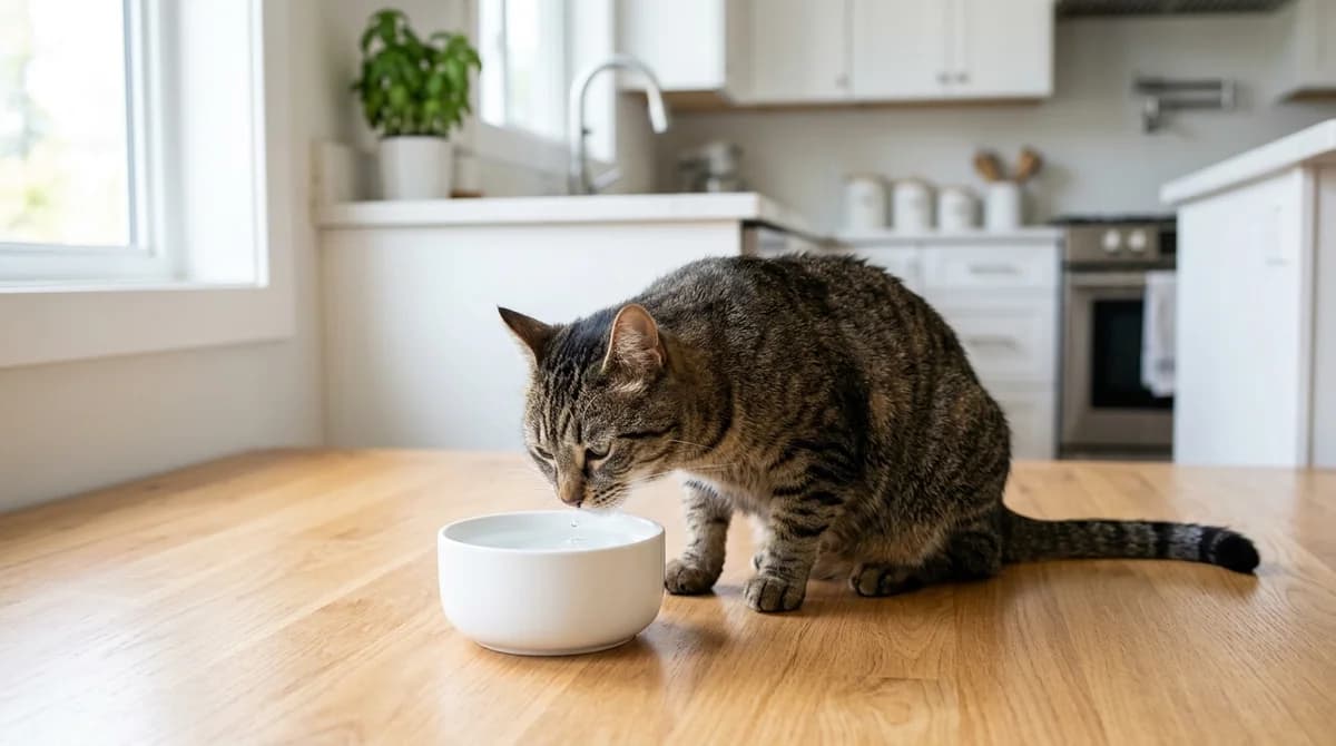 A cat sniffing a small saucer of clean fresh water on a tiled floor