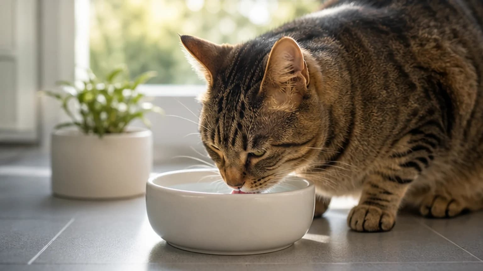 A cat drinking fresh water from a ceramic bowl