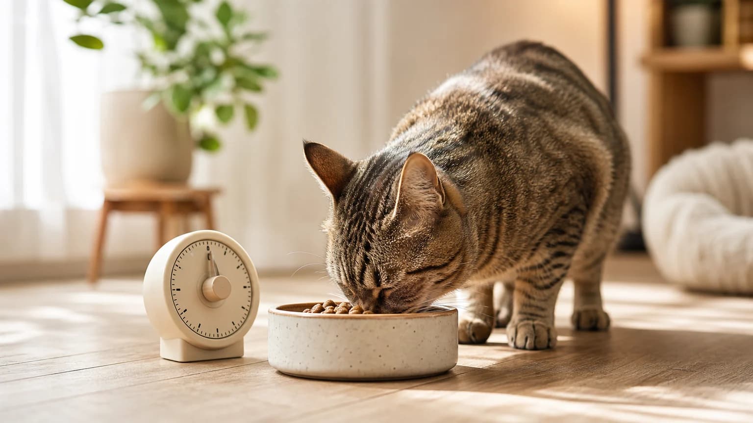 A cat eating beside a kitchen timer that represents a regular feeding schedule