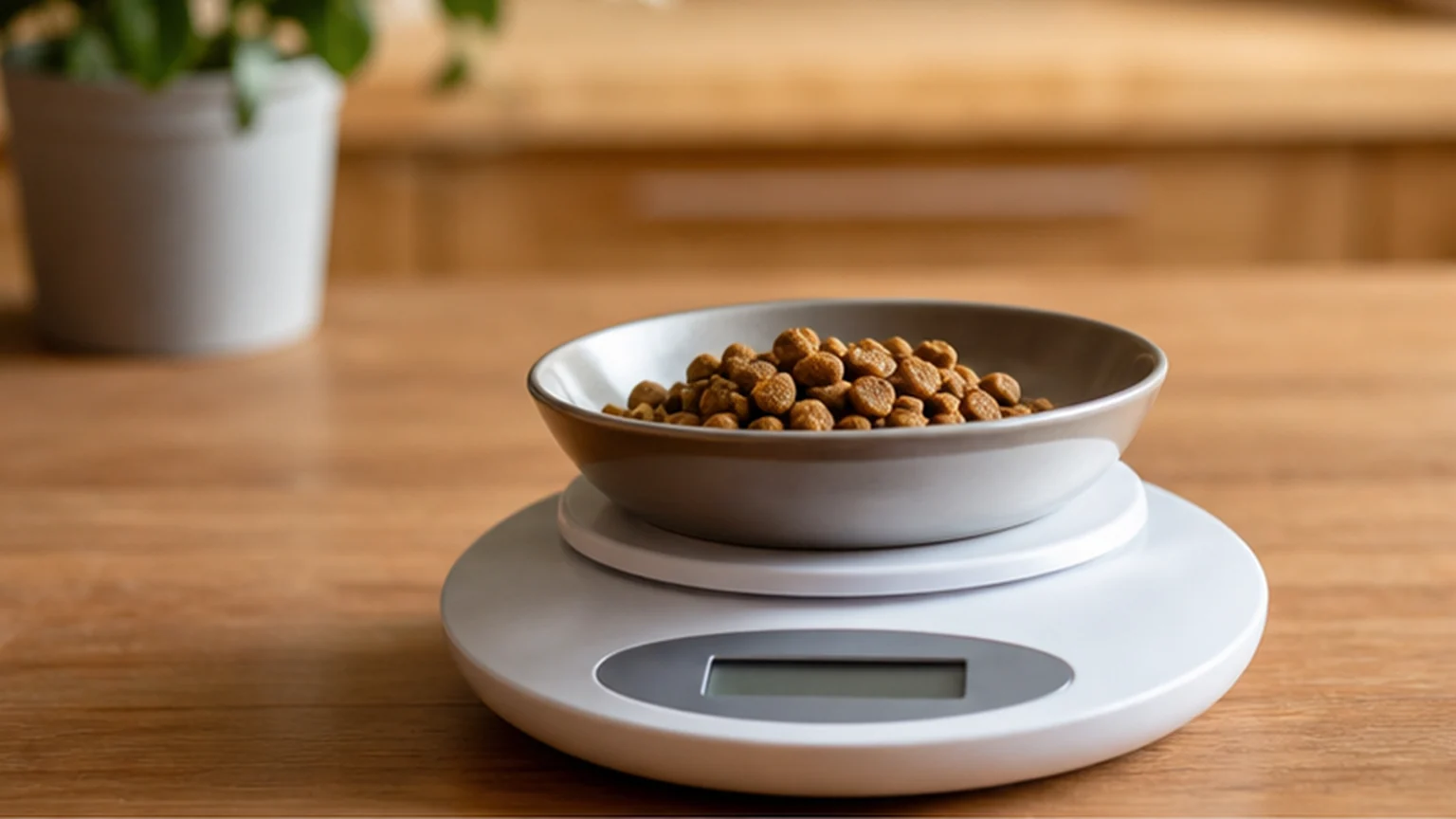 A portion of dry cat food measured on a kitchen scale