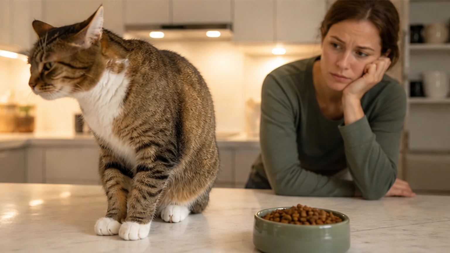 A cat turning away from a full food bowl while an owner watches
