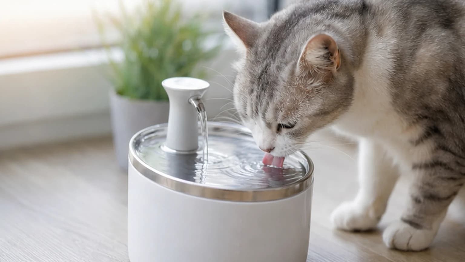 A cat drinking from a modern pet water fountain