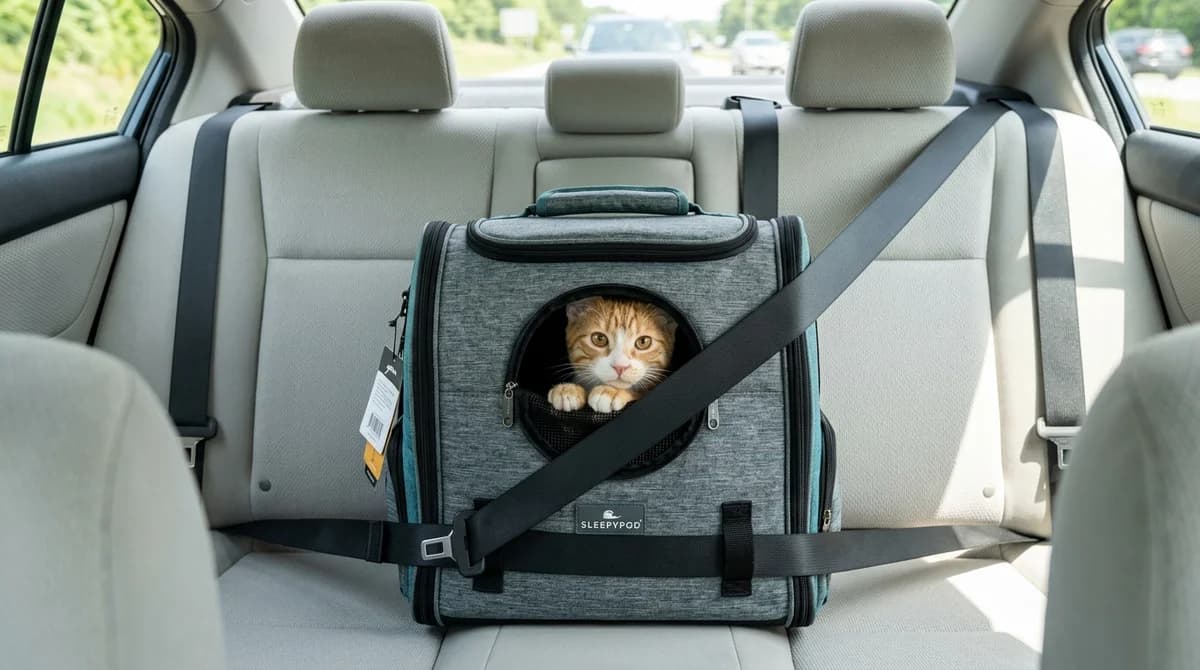 A comfortable cat carrier secured safely with a seatbelt on a car back seat