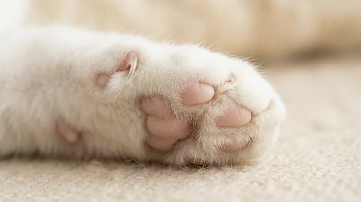 An owner gently pressing a cat paw pad to extend a claw for clipping