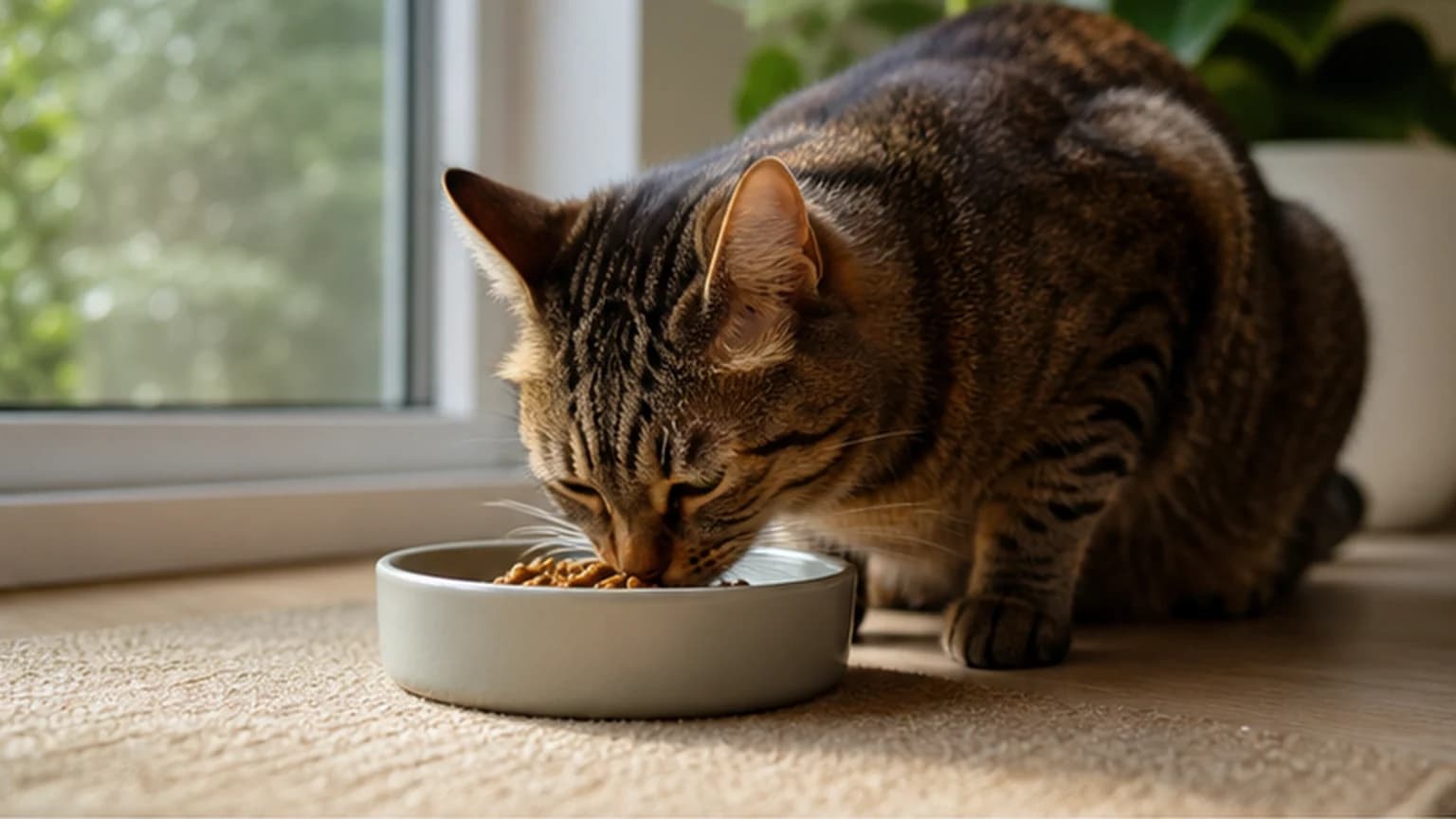 An indoor cat eating a measured meal beside a window