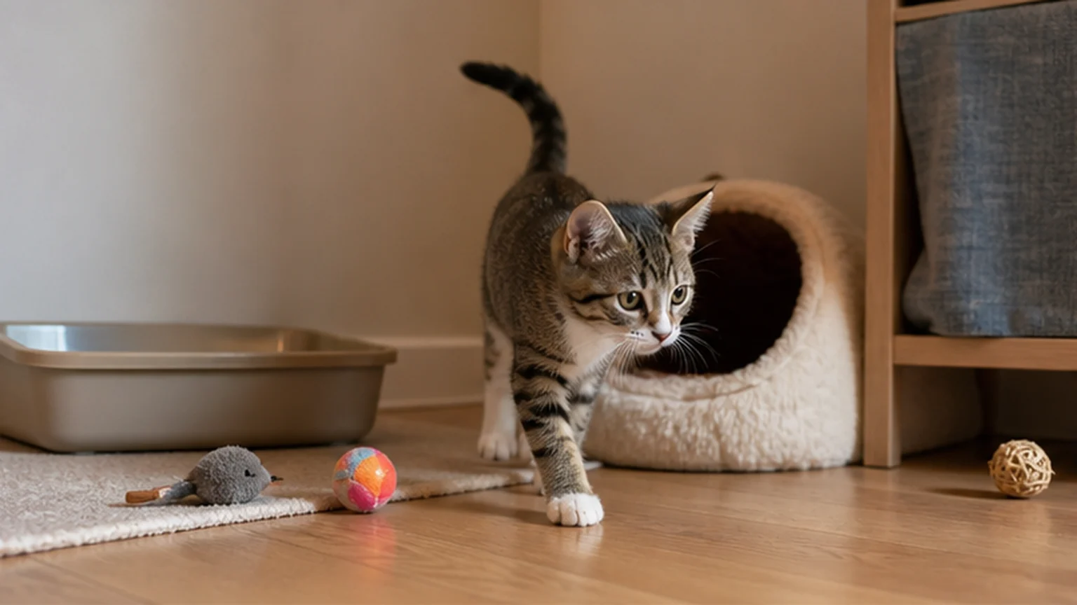 A newly adopted cat exploring a prepared safe room