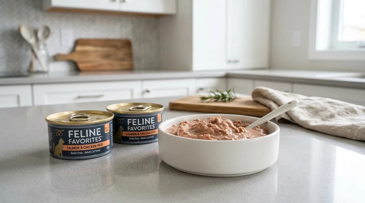 Variety of canned cat food flavors arranged neatly on a counter