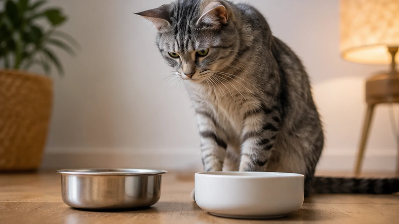 A cat choosing between stainless steel and ceramic food bowls