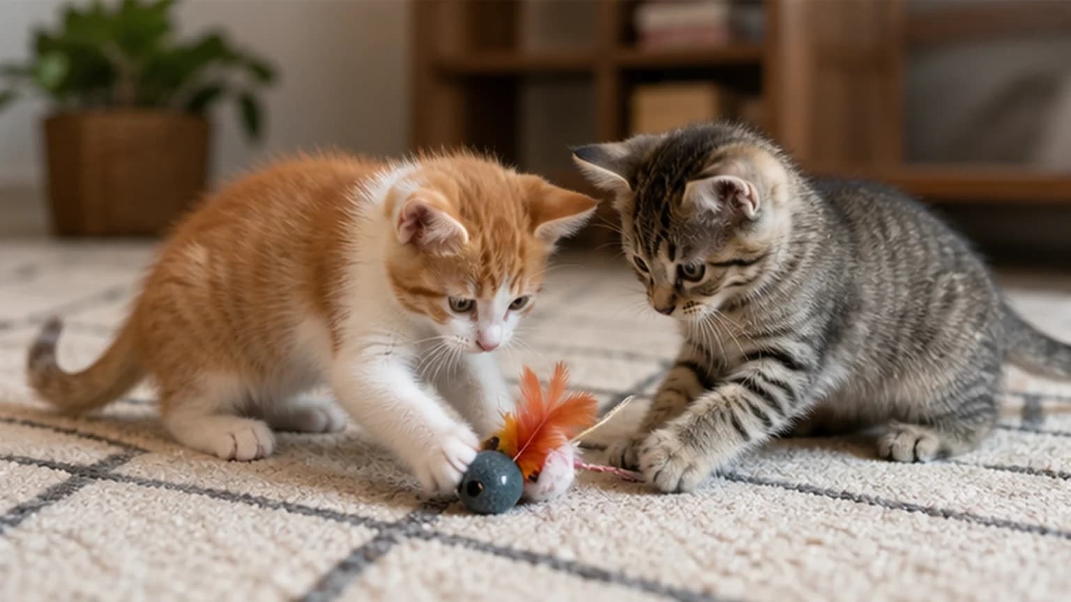 Two young kittens playing together on a rug