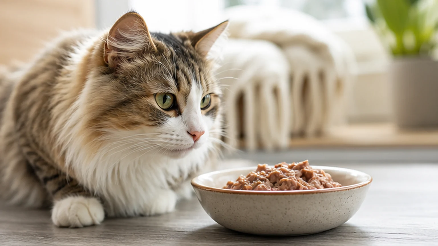 A portion of wet cat food served in a ceramic bowl
