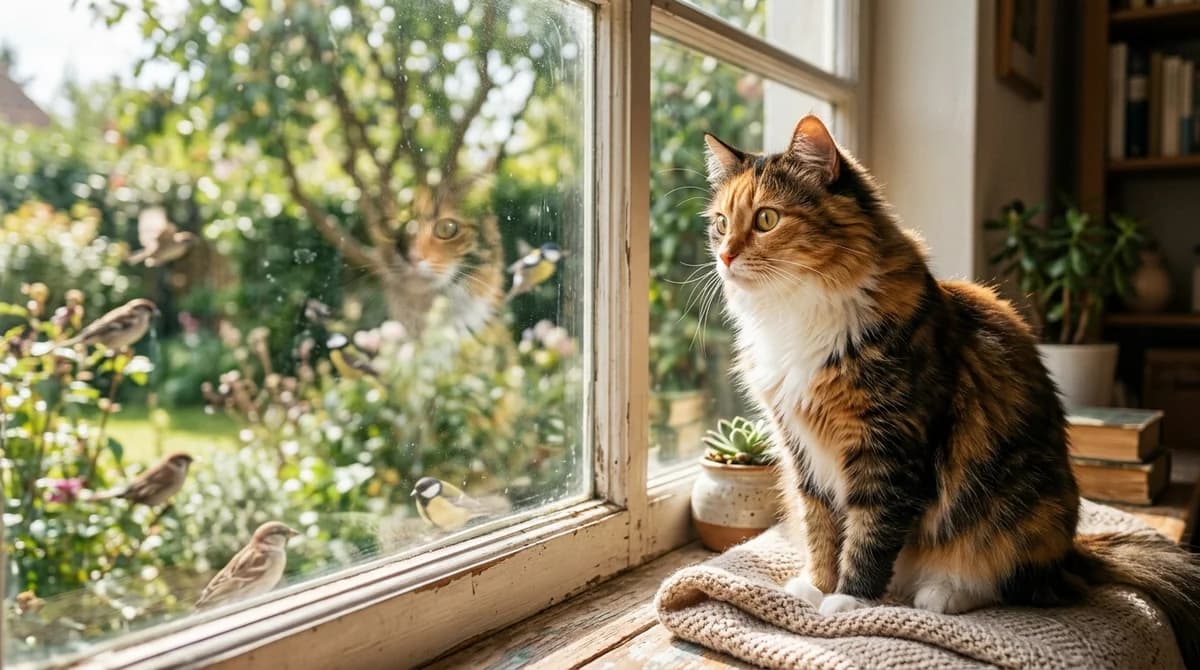 A cat staring intently out a window chattering at songbirds in the garden